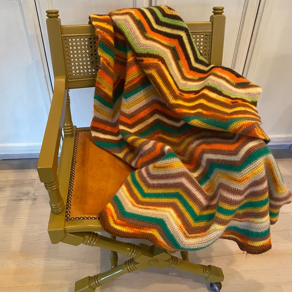 Vintage hippie crochet knit blanket brown tan orange green mustard yellow throw